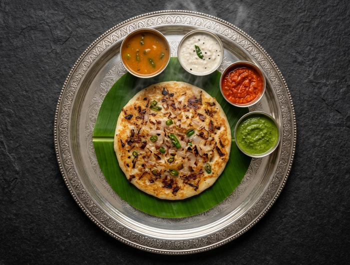 <p>SPICE. CRUNCH. COMFORT.</p><h2>Onion Chilli Uttapam</h2><p>Thick South Indian uttapam topped with fresh onions and green chillies, cooked golden and served hot with chutney and sambar.</p>